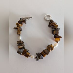 Tiger's Eye Natural Stone And Fresh Water Pearl Bracelet